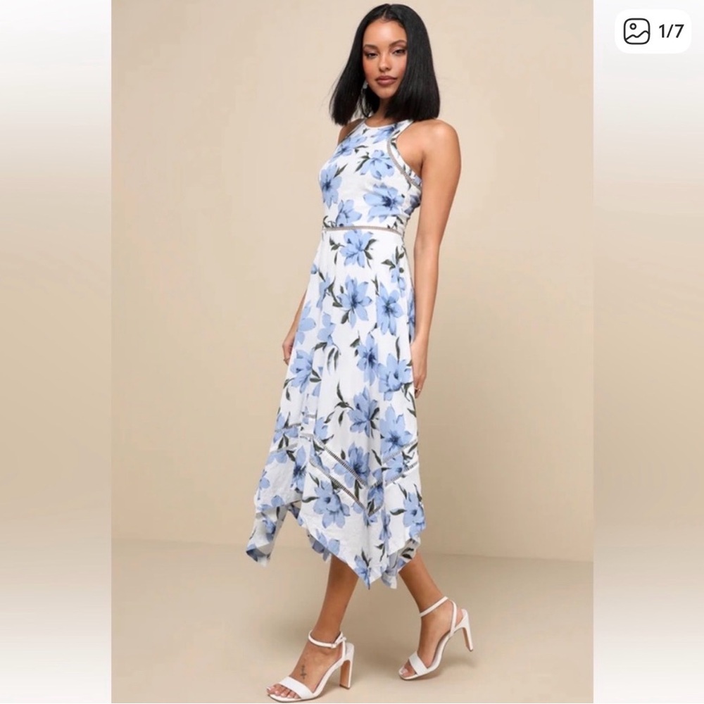 Lulus Small Floral Blue and White Midi Asymmetrical dress